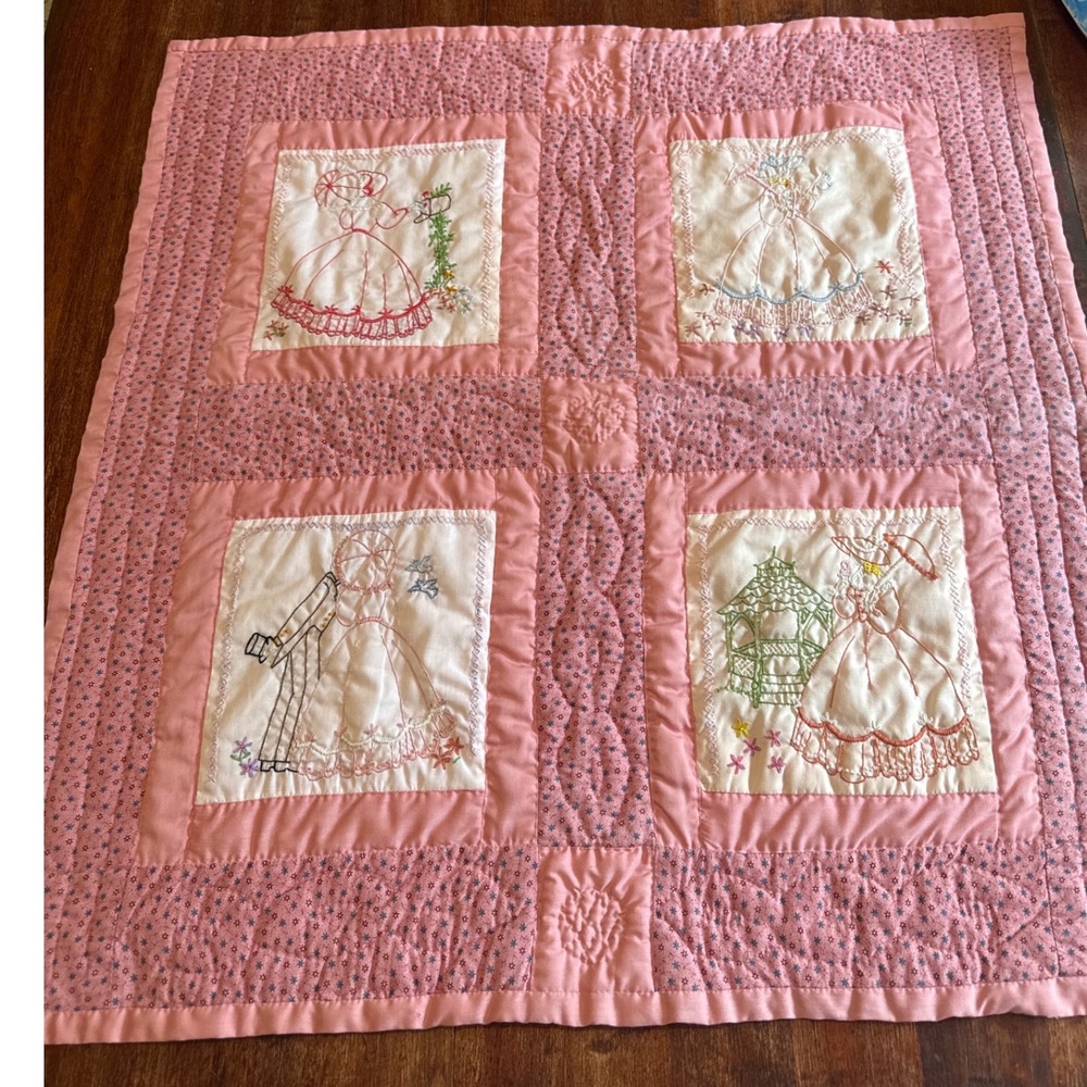 Vintage Pristine Handmade Baby Crib Quilt, Pink Embroidered Nursery Heirloom